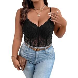 Women's  Lace Bustier Cami Bodysuit Sleeveless Sheer Mesh Corset X Large